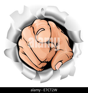 Ein Beispiel für eine zeigende Hand eine Wand durchbrechen Stockfoto