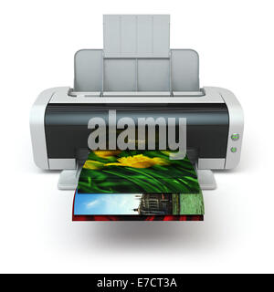 Farb-Drucker druckt Foto auf weißem Hintergrund isoliert. 3D Stockfoto