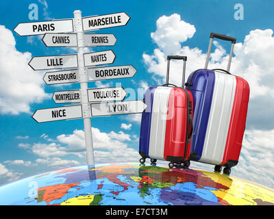 Reisekonzept. Koffer und Wegweiser was in Frankreich zu besuchen. 3D Stockfoto