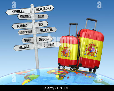Reisekonzept. Koffer und Wegweiser was in Spanien zu besuchen. 3D Stockfoto