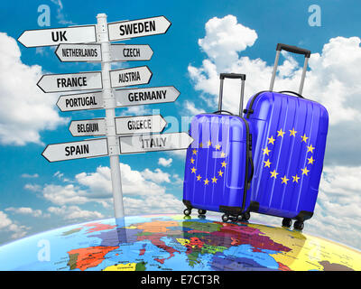 Reisekonzept. Koffer und Wegweiser was in Europa zu besuchen. 3D Stockfoto
