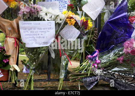 Manchester, UK. 14. September 2014.  Floral Tribute sind auf dem Geländer der Fletcher Moss Park, Didsbury in South Manchester, wo 14 Jahre alten Lizzie Lowe gefunden wurde spät am Vorabend von Mittwoch gehängt. Die Polizei sagt, es gibt keine Verdachtsmomente. Eine gerichtliche Untersuchung soll gehalten werden. Dies ist die zweite Suizid bei Jugendlichen im Park in den letzten drei Jahren. Am Freitagabend fand eine Mahnwache der Erinnerung an der nahe gelegenen Kirche statt. Teenager Tod Manchester, UK Credit: John Fryer/Alamy Live-Nachrichten Stockfoto