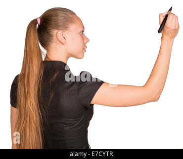 Junge Geschäftsfrau mit Stift schreiben. Sicht nach hinten. Stockfoto