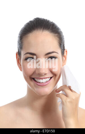 Schöne Frau, die Reinigung des Gesichts mit einem Gesicht abwischen isoliert auf weißem Hintergrund Stockfoto