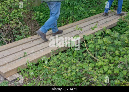 Wanderer, die mit einer Brücke aus Holzbrettern über einen Graben Stockfoto