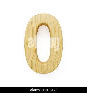 3D Render Holz Ziffer Null Symbol - 0. Isoliert auf weißem Hintergrund Stockfoto
