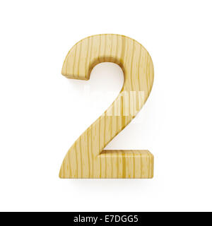 3D Render Holz Ziffer zwei Symbol - 2. Isoliert auf weißem Hintergrund Stockfoto