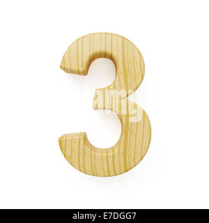 3D Render Holz Ziffer drei Symbol - 3. Isoliert auf weißem Hintergrund Stockfoto