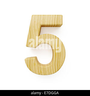 3D Render Holz Ziffer fünf Symbol - 5. Isoliert auf weißem Hintergrund Stockfoto