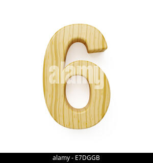 3D Render Holz Ziffer sechs Symbols - 6. Isoliert auf weißem Hintergrund Stockfoto