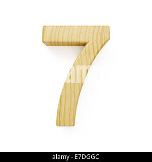3D Render Holz Ziffer sieben Symbol - 7. Isoliert auf weißem Hintergrund Stockfoto