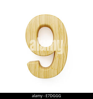3D Render Holz Ziffer neun Symbol - 9. Isoliert auf weißem Hintergrund Stockfoto