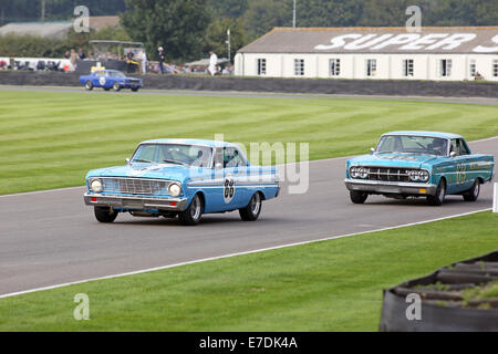 Chichester, West Sussex, UK. 13. Sep, 2014. Bilder vom Goodwood Revival 2014 - The Shelby Cup - ein Rennen für Limousinen von Small-Block V8-Motoren auf den 60. Jahrestag der Small-Block V8-Motor angetrieben. Eine große Anzahl von Ford Mustangs Mariking nahm das Auto 50. Jahrestag auf andere amerikanische Klassiker wie Ford Falcon, Plymouth Barracuda, Mercury Comet Zyklon und Dodge Dart. Bild zeigt: ein 1964 Ford Falcon Geist Credit: Oliver Dixon/Alamy Live News Stockfoto