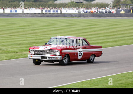 Chichester, West Sussex, UK. 13. Sep, 2014. Bilder vom Goodwood Revival 2014 - The Shelby Cup - ein Rennen für Limousinen von Small-Block V8-Motoren auf den 60. Jahrestag der Small-Block V8-Motor angetrieben. Eine große Anzahl von Ford Mustangs Mariking nahm das Auto 50. Jahrestag auf andere amerikanische Klassiker wie Ford Falcon, Plymouth Barracuda, Mercury Comet Zyklon und Dodge Dart. Bild zeigt: ein 1964 Ford Falcon Geist getrieben von Paul Clayson Credit: Oliver Dixon/Alamy Live News Stockfoto