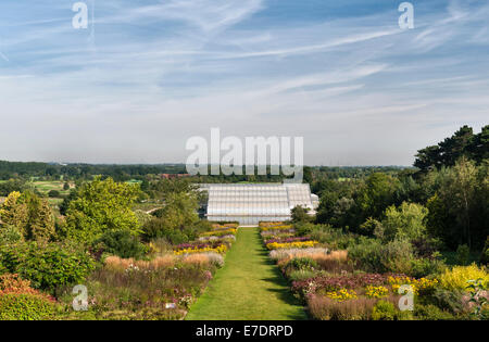 Der Royal Horticultural Society (RHS) Gärten, Wisley, Surrey, UK. Die Gewächshaus-Grenzen im September anzeigen Stockfoto