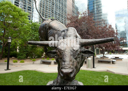 Skulptur des berühmten Stier Outlaw in stock exchange Square, Calgary, Alberta, Kanada Stockfoto