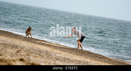 Mann spielt mit Hund am Strand Stockfoto