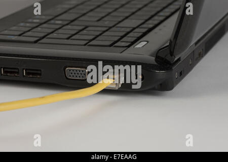 gelben Patchkabel in laptop Stockfoto