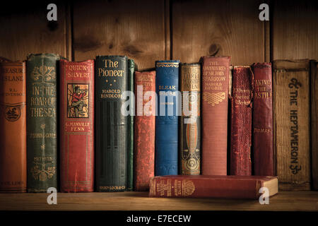 Vintage Hardcover Bücher auf einem hölzernen Regal. Stockfoto