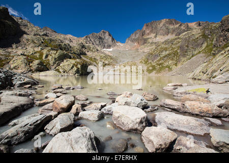 Lac Blanc auf der Aiguille Rouge über Chamonix, Frankreich. Stockfoto