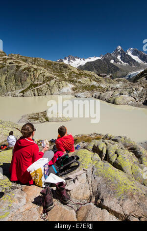 Lac Blanc auf der Aiguille Rouge über Chamonix, Frankreich. Stockfoto