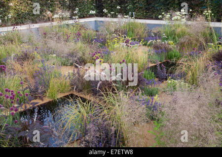 Englisch modernen Kiesgarten mit Wasser Funktion Pool Pflanzung von Ziergras Gräser Alliums Pflanzen wachsen Blumenbeete Garten Grenze Sommer UK Stockfoto