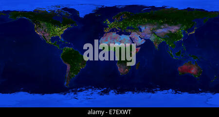 Extra große Größe physische Weltkarte. Nachtansicht der Erde mit leuchtenden Lichtern der Städte. Stockfoto