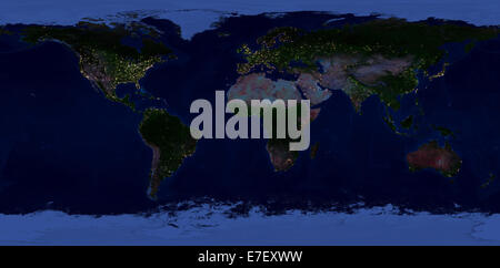 Extra große Größe physische Weltkarte. Nachtansicht der Erde mit leuchtenden Lichtern der Städte. Stockfoto