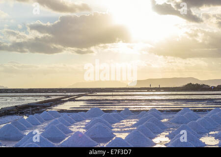 Salz Grabhügel "Salzwiesen" Sonnenuntergang Menschen Tourismus Reisen Touristen Ernte sonnige Sommer "Meersalz" Nubien "Ägadischen Inseln" Sizilien Stockfoto