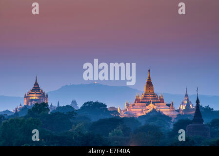 Ananda-Tempel, vergoldete Turmstruktur oder Shikhara, Thatbyinnyu Tempel, Pagoden, Stupas, Sonnenuntergang, Plateau von Bagan, Tempelanlage Stockfoto