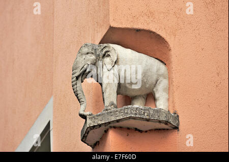 Elefant Skulptur in einer Nische an der Fassade des Elefanten Restaurant, Konstanz, Baden-Württemberg, Deutschland Stockfoto