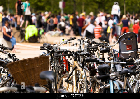 Tour de France 2014, Stufe 3, Menschenmassen beobachten das Hauptfeld auf der Queen Elizabeth Olympic Park, London pass. Stockfoto
