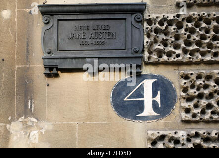 Hier lebte Jane Austen 1801 - 1805 Plakette, Bath Somerset, England, Großbritannien Stockfoto