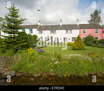 Weiß und Pink lackiert englische Hütten, Gärten mit Massen von bunten Frühlingsblumen, Sträuchern und Bächlein am Dorf von Caldbeck in Cumbria Stockfoto