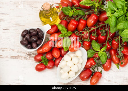 Mozzarella, Tomaten, Basilikum und Olivenöl. Essen-Hintergrund. Caprese Salatzutaten Stockfoto