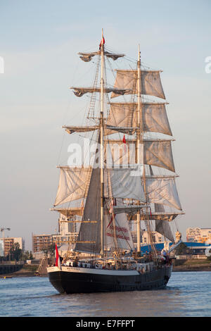 Groß Schiff Mercedes Amsterdam unter Segel in das Abendlicht in Greenwich, London im September Stockfoto