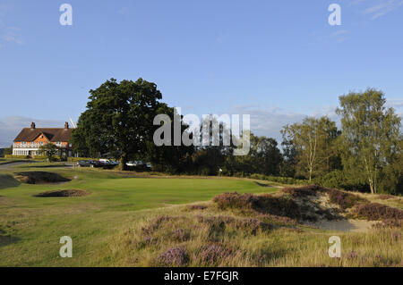 Blick auf 9. Grün und das Clubhaus Reigate Heath Golf Club Surrey England Stockfoto
