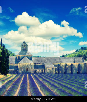 Senanque Abbey mit Lavendelfeld, Wahrzeichen der Provence, Vaucluse, Frankreich. Schöne Landschaft mit mittelalterlichen Burg und bewölkt Stockfoto