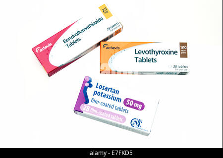 Boxen von gemischten Medikamente Bendroflumethiazid Levothyroxin & Losartan Tabletten für die unterschiedlichen Bedingungen Stockfoto