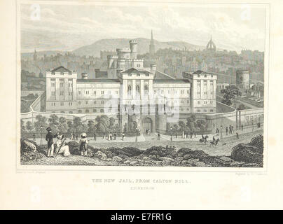 Eine Illustration von Seite 91 von „MA“ (1829), die das neue Gefängnis aus Calton Hill, Edinburgh zeigt. Das Bild bietet einen detaillierten Blick auf das architektonische Design des Gefängnisses und seine Lage in der Stadt. Stockfoto
