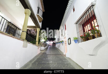 Typische Straße in der Nacht in der berühmten weißen Dorf Mijas, Malaga, Spanien. Stockfoto