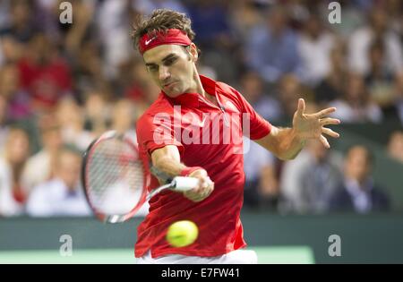 Palexpo, Genf, Schweiz. 12. Sep, 2014. Davis Cup Tennis Smei-Finale. Schweiz vs. Italien. Roger Federer (SUI) Schweiz Italien mit einem Score von 3 Spiele, 2 überwand und avancierte zum Finale. © Aktion Plus Sport/Alamy Live-Nachrichten Stockfoto