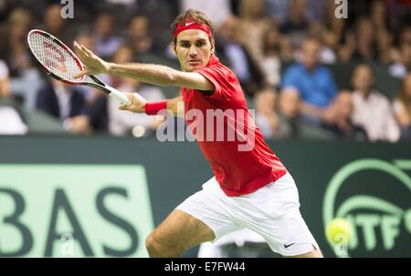 Palexpo, Genf, Schweiz. 12. Sep, 2014. Davis Cup Tennis Smei-Finale. Schweiz vs. Italien. Roger Federer (SUI) © Aktion Plus Sport/Alamy Live-Nachrichten Stockfoto