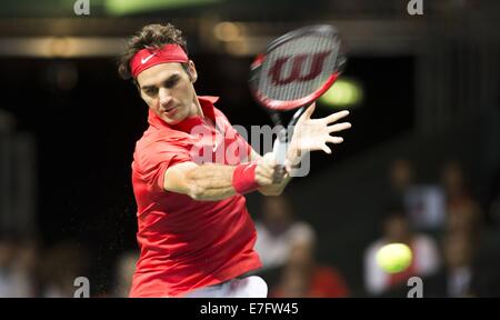 Palexpo, Genf, Schweiz. 12. Sep, 2014. Davis Cup Tennis Smei-Finale. Schweiz vs. Italien. Roger Federer (SUI) © Aktion Plus Sport/Alamy Live-Nachrichten Stockfoto