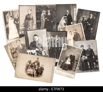 Gruppe von Vintage und Hochzeitsfotos um 1885-1900. nostalgische sentimental Bilder-Collage auf weißem Hintergrund. Original Stockfoto