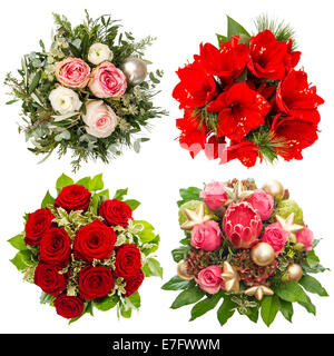 Vier bunte Blumen Blumenstrauß für Weihnachten und Neujahr. Rosen, Amaryllis, protea isoliert auf weißem Hintergrund Stockfoto