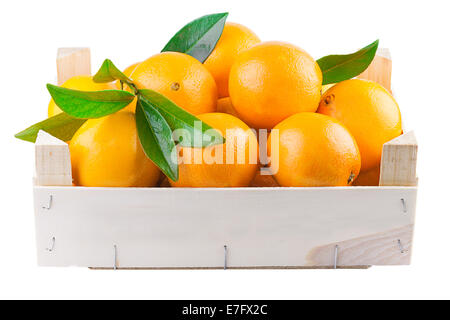 Orange Früchte in einer Holzkiste Stockfoto