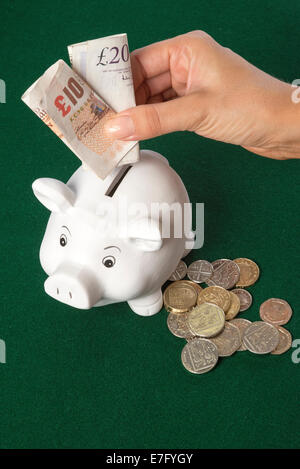 Sparschwein mit Pfund-Banknoten und-Münzen Frauenhand speichern britische Banknoten Stockfoto