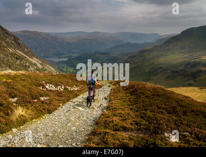 Wanderer, bewundern Sie die schöne Aussicht in Richtung Ullswater von der Spitze des Glenridding-Tals, Lake District, Großbritannien Stockfoto