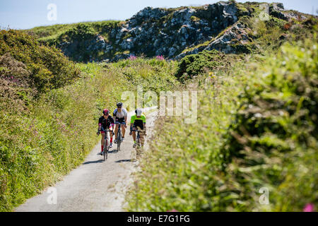 Drei Radfahrer entlang eines Pfades durch die Landschaft in Pembrokeshire, Wales Stockfoto